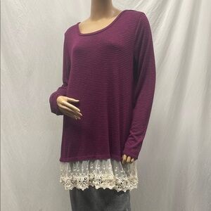 Jolt Burgundy Stripe Long Sleeve Lace Detail Top